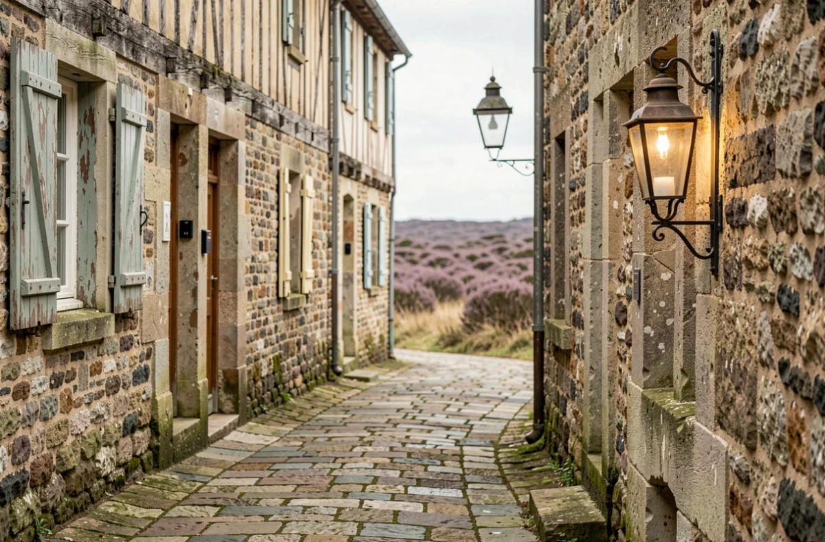 Ruelle préservée de Rochefort-en-Yvelines avec ses façades en pierre et colombages du XVIIe siècle et une vue sur les landes en arrière-plan