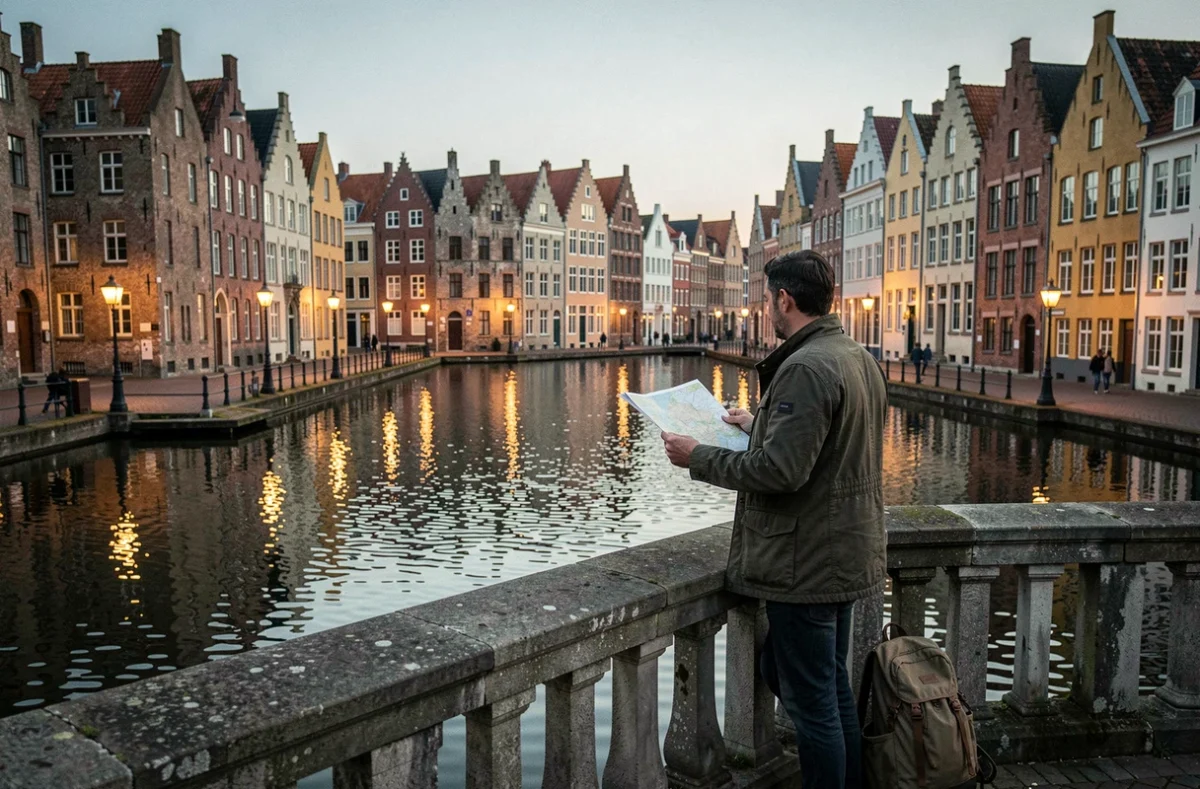Voyageur solitaire consultant une carte au bord du Rozenhoedkaai a Bruges au crepuscule, panorama des maisons de guilde medievales et des canaux refletant les facades