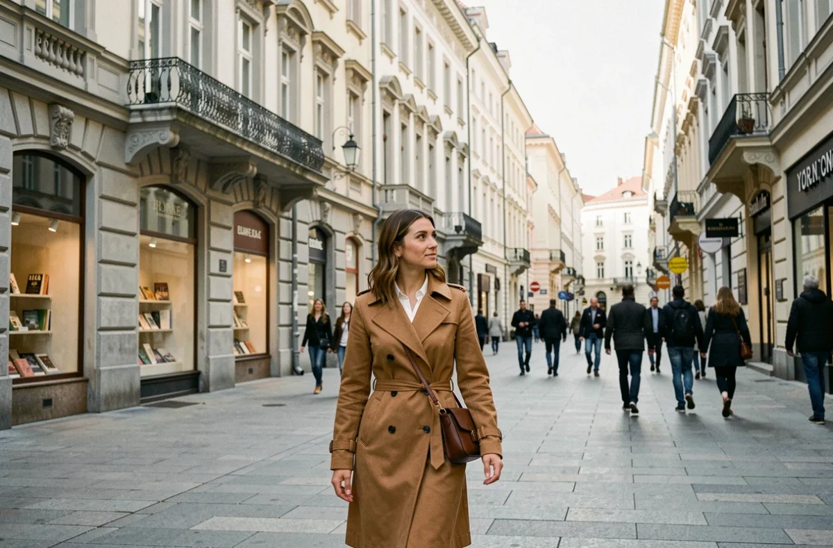 Femme se promenant sur la rue piétonne Knez Mihailova bordée d'architecture austro-hongroise à Belgrade