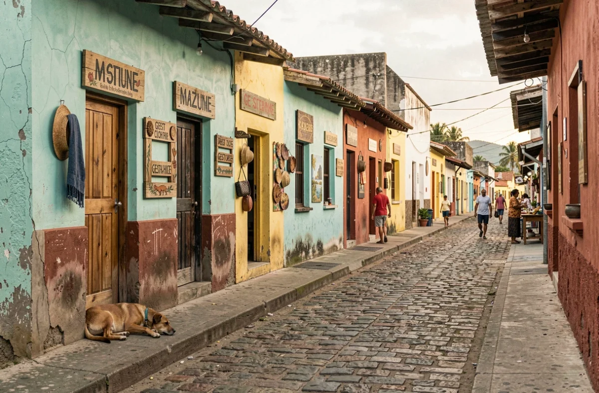 Rue typique et colorée du village de Mazunte au Mexique en période creuse, ambiance authentique et sans foule