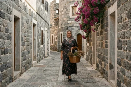 Ruelle pavée d'Areopoli dans le Magne avec maisons-tours en pierre et femme locale portant un panier de plantes séchées