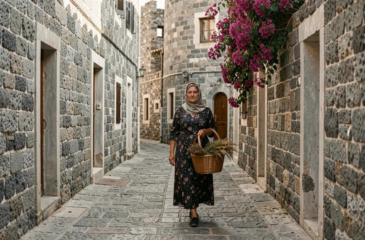 Ruelle pavée d'Areopoli dans le Magne avec maisons-tours en pierre et femme locale portant un panier de plantes séchées