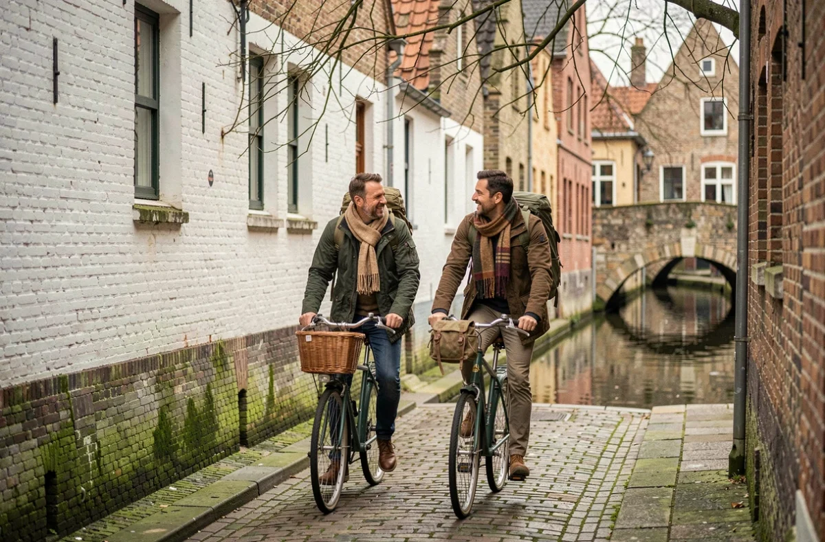 Deux cyclistes se promenant a pied le long d'une ruelle pietonne bordee d'un canal a Bruges, murs du beguinage visibles en arriere-plan