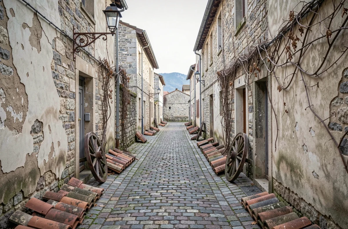 Ruelle pavée d'un village médiéval abandonné en France avec murs en pierre envahis par la végétation