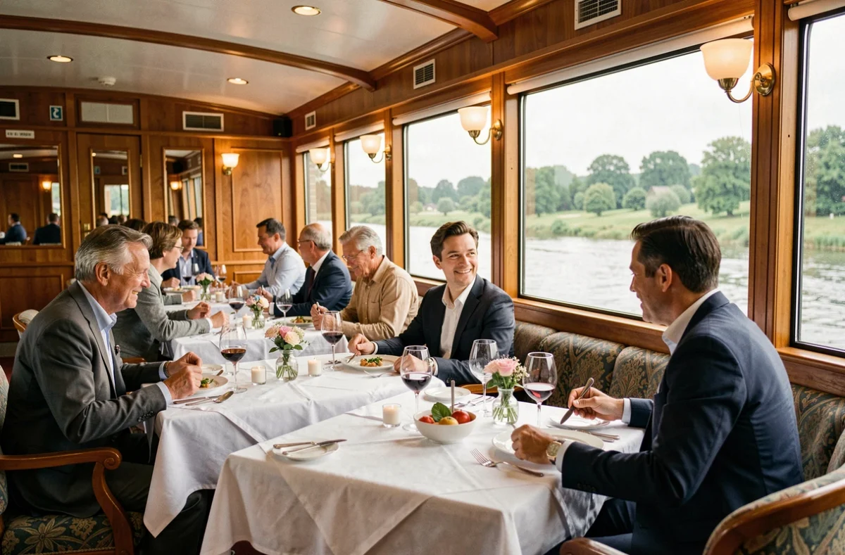 Salle à manger panoramique d'un bateau de croisière fluviale sur le Rhin avec passagers attablés et vue sur le fleuve