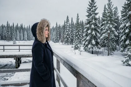 Femme en manteau d'hiver sur un chemin enneigé à Rovaniemi en Finlande entourée d'une forêt de pins couverts de neige