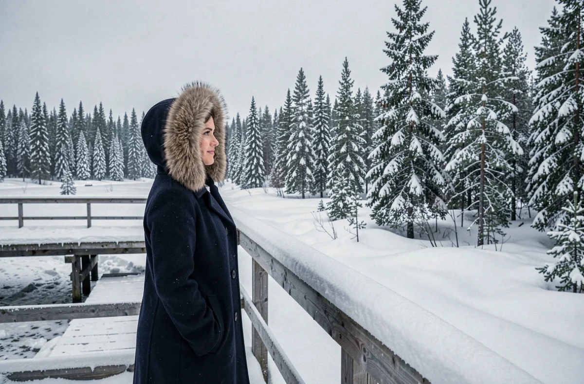 Femme en manteau d'hiver sur un chemin enneigé à Rovaniemi en Finlande entourée d'une forêt de pins couverts de neige