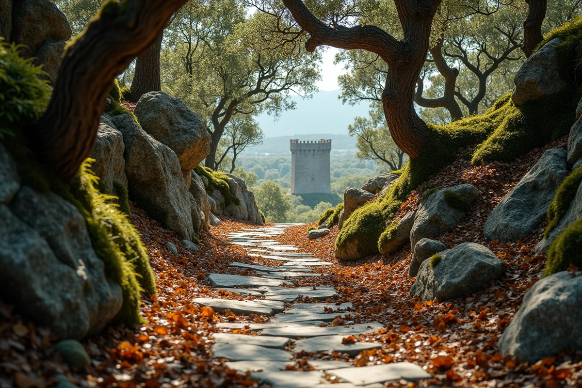 Sentier de randonnée en forêt de chênes-lièges dans le parc naturel des Albères menant vers les ruines médiévales du château de Requesens