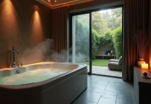 Salle de spa privée luxueuse la nuit avec jacuzzi fumant