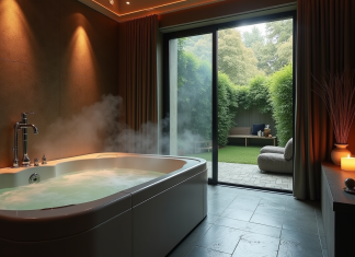 Salle de spa privée luxueuse la nuit avec jacuzzi fumant