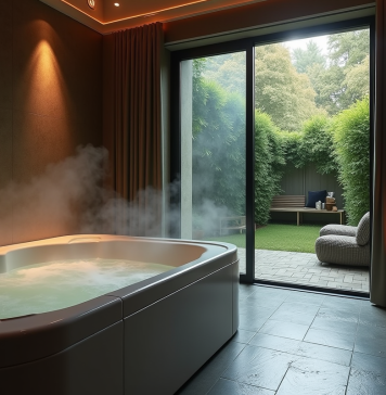 Salle de spa privée luxueuse la nuit avec jacuzzi fumant