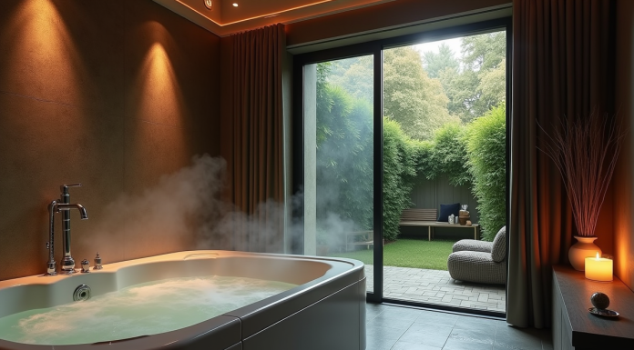 Salle de spa privée luxueuse la nuit avec jacuzzi fumant