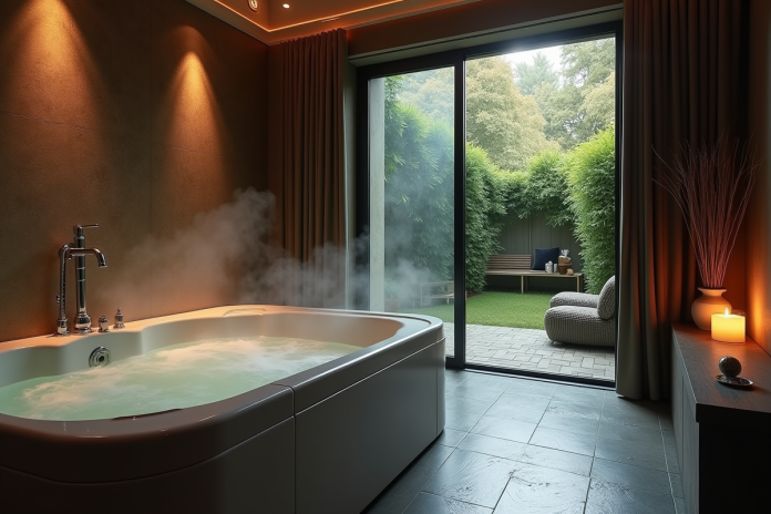 spa-luxe-nuit-jacuzzi Salle de spa privée luxueuse la nuit avec jacuzzi fumant