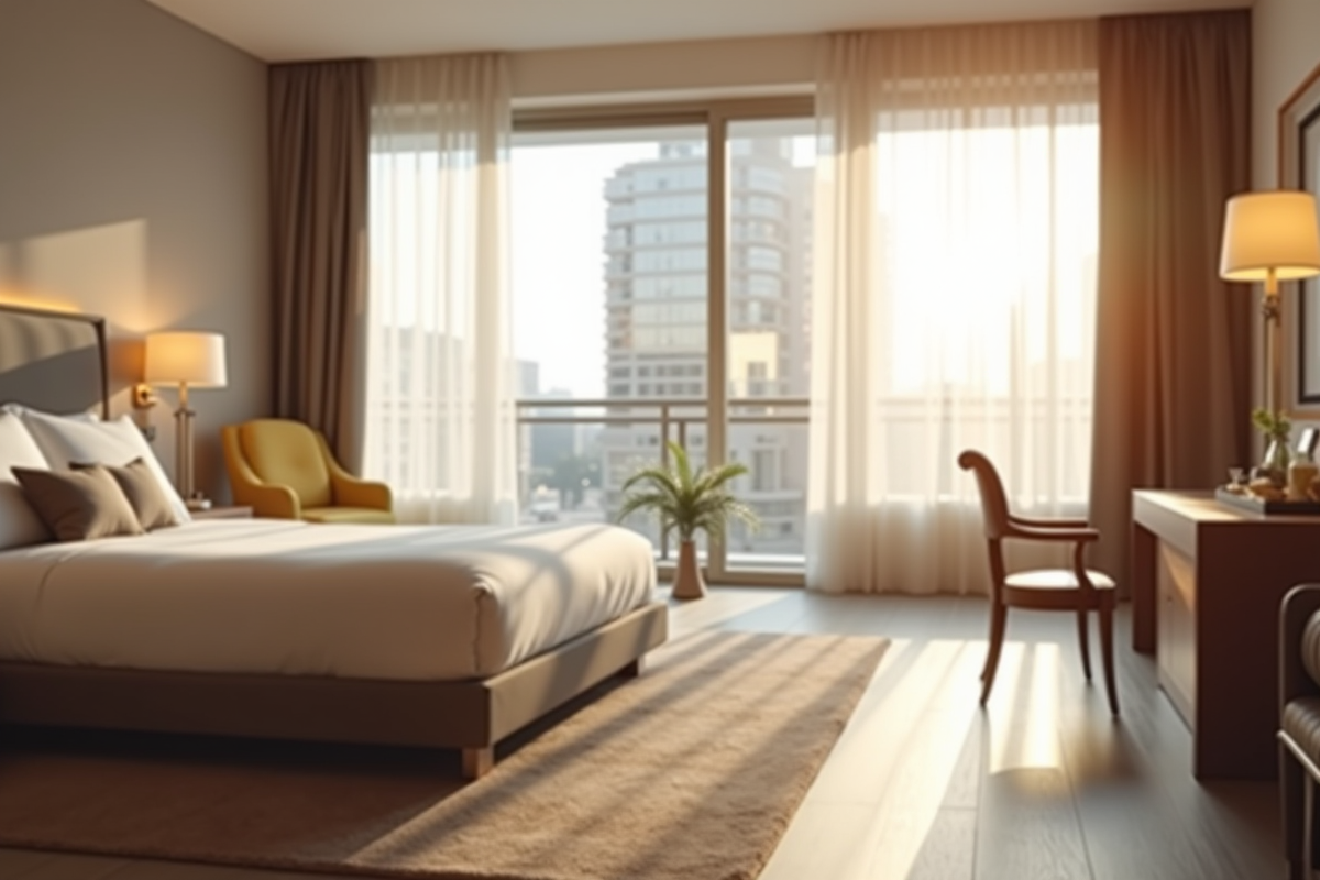 Suite spacieuse avec lit lumineux et chèques vacances sur le bureau