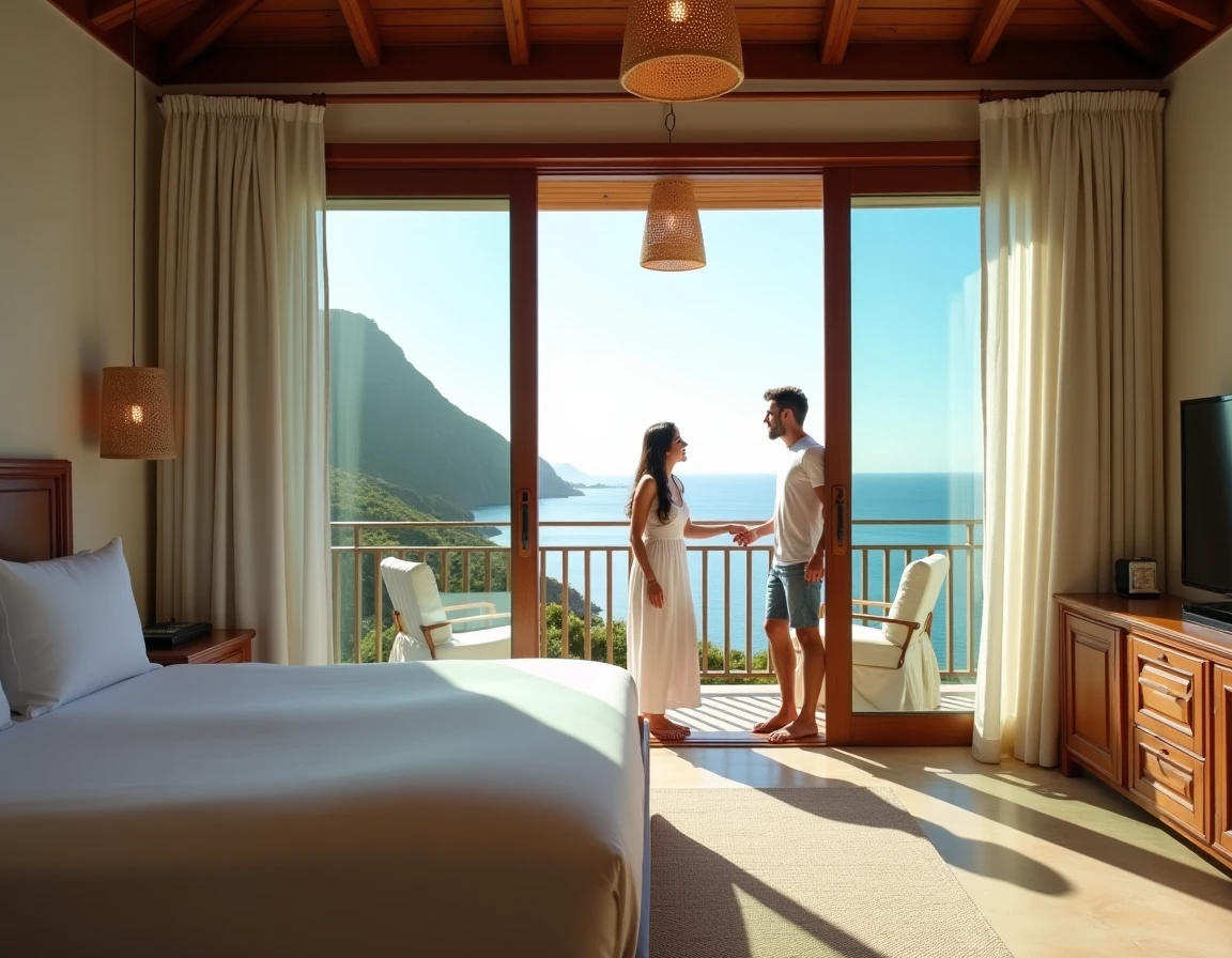Suite luxueuse d'un hôtel 5 étoiles en Guadeloupe avec vue mer et décoration tropicale raffinée