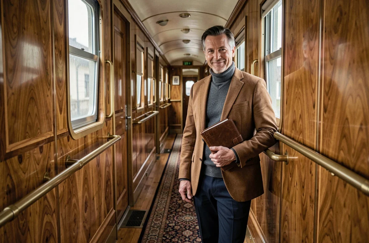Homme en blazer tobacco et col roulé gris debout dans le couloir élégant d'un train de luxe Orient Express tenant un carnet de voyage en cuir
