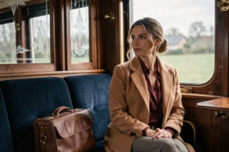 Femme élégante en manteau camel et chemisier en soie bordeaux assise dans un compartiment de train Orient Express au style Art Déco, regardant le paysage par la fenêtre