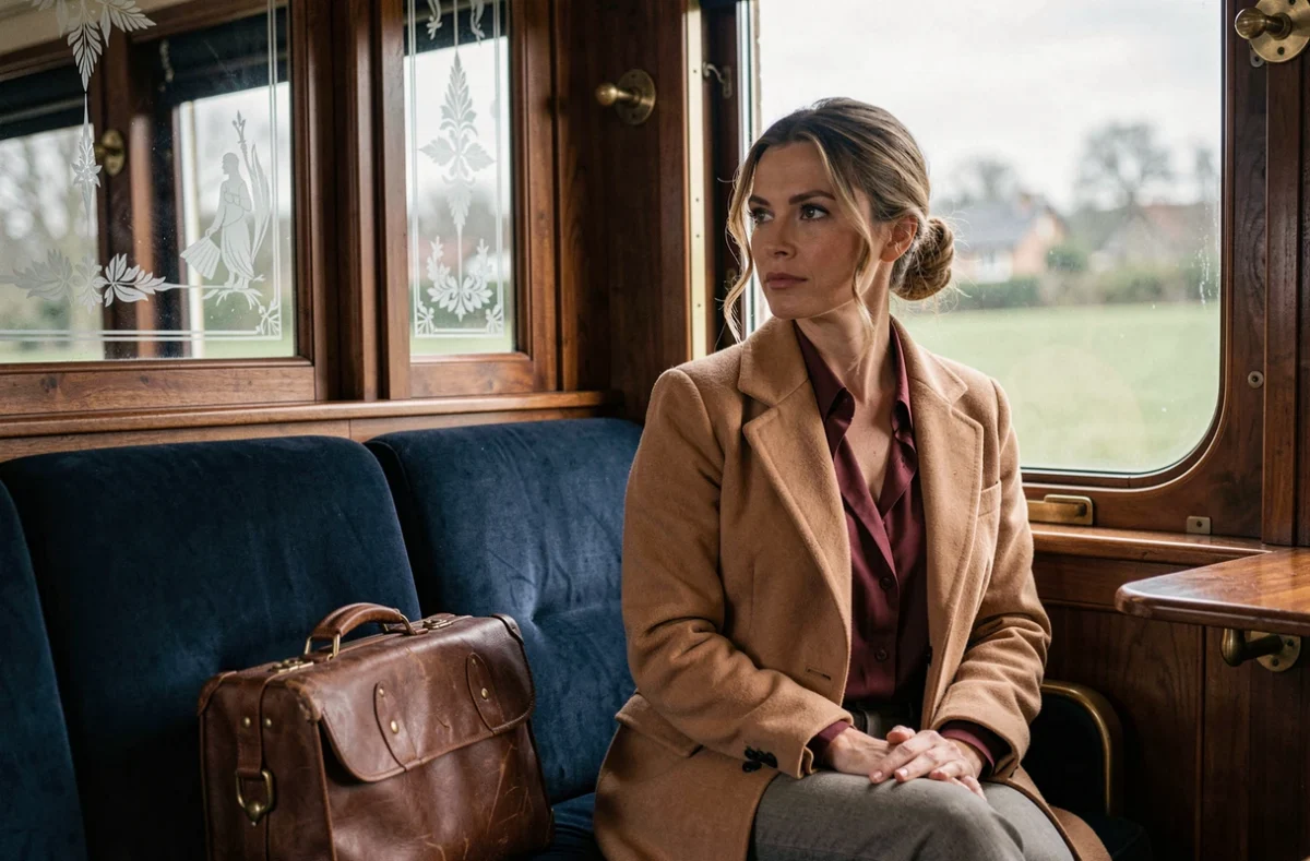 Femme élégante en manteau camel et chemisier en soie bordeaux assise dans un compartiment de train Orient Express au style Art Déco, regardant le paysage par la fenêtre