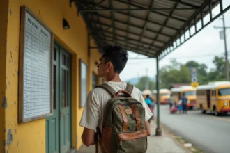 Voyageur consultant les horaires dans un terminal de bus régional à Mindanao aux Philippines