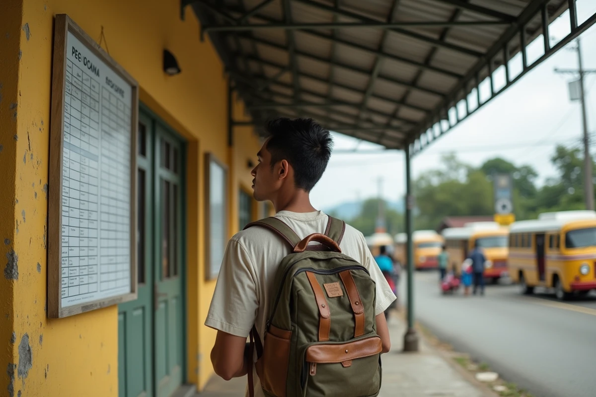 Voyageur consultant les horaires dans un terminal de bus régional à Mindanao aux Philippines