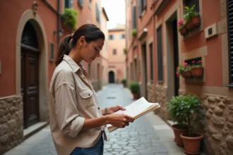 Touriste consultant une carte pédestre dans une ruelle médiévale pavée de Sienne en Italie