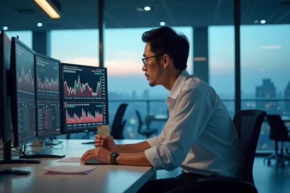 Trader japonais analysant les horaires de la bourse de Tokyo sur plusieurs écrans dans un bureau moderne