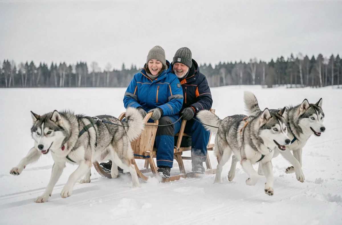 Couple en traîneau à chiens husky traversant un champ enneigé lors d'une excursion hivernale à Rovaniemi en Laponie finlandaise