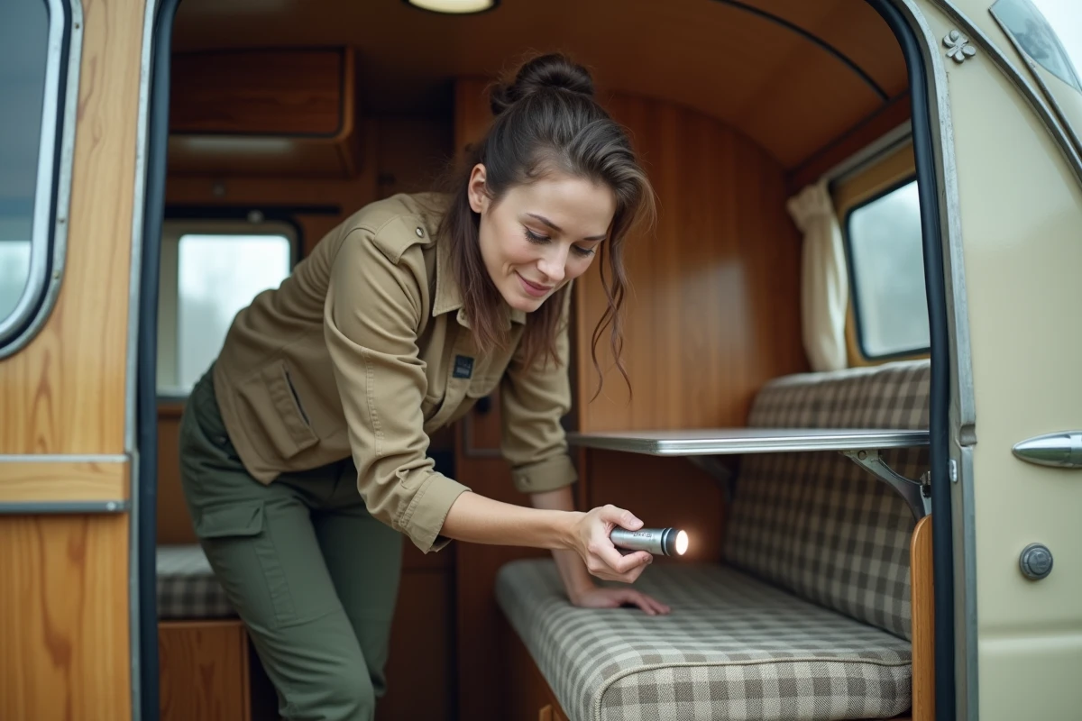 Femme vérifiant l'intérieur d'une caravane Eriba Puck d'occasion, inspectant la menuiserie et les revêtements