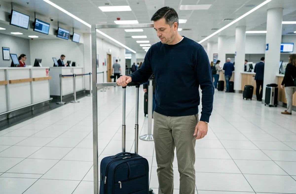 Homme vérifiant la taille de sa valise cabine dans un gabarit de contrôle aux dimensions réglementaires à l'aéroport