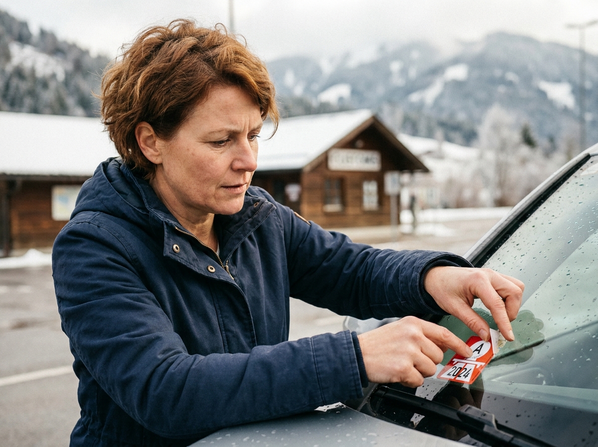 Femme collant une vignette autoroutière autrichienne sur le pare-brise d'une voiture près de la frontière alpine