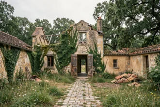 Ancienne ferme en pierre abandonnée dans un village oublié de France, envahie par la végétation et le lierre