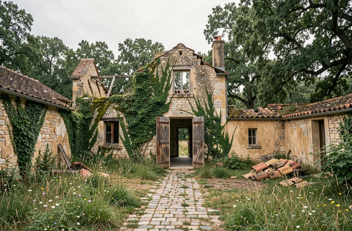 Ancienne ferme en pierre abandonnée dans un village oublié de France, envahie par la végétation et le lierre