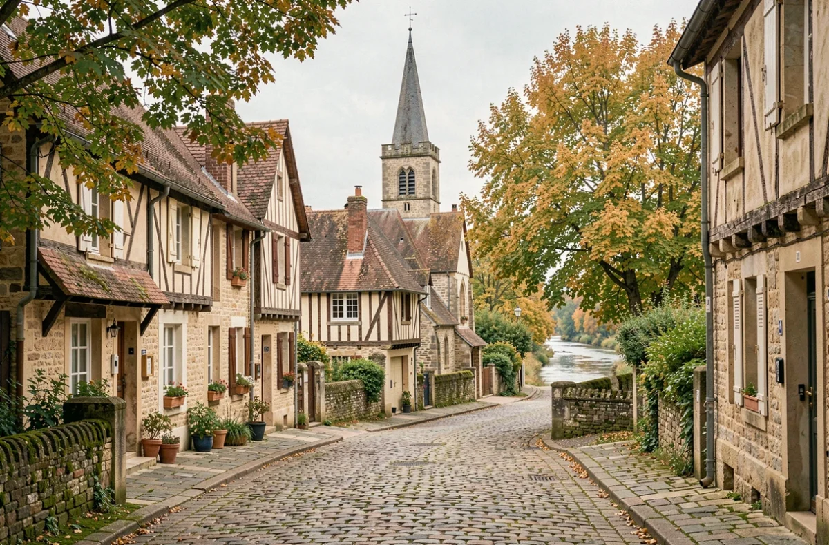 Vue panoramique d'un village typique d'Île-de-France avec ruelles pavées, façades à colombages et clocher en pierre au milieu des arbres dorés