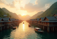 Plus grande ville sur pilotis au lever du soleil avec maisons en bois et eaux scintillantes