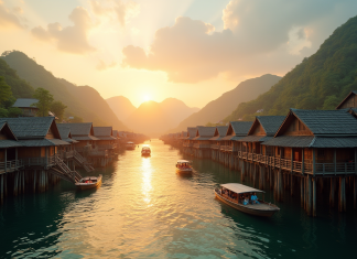 Plus grande ville sur pilotis au lever du soleil avec maisons en bois et eaux scintillantes