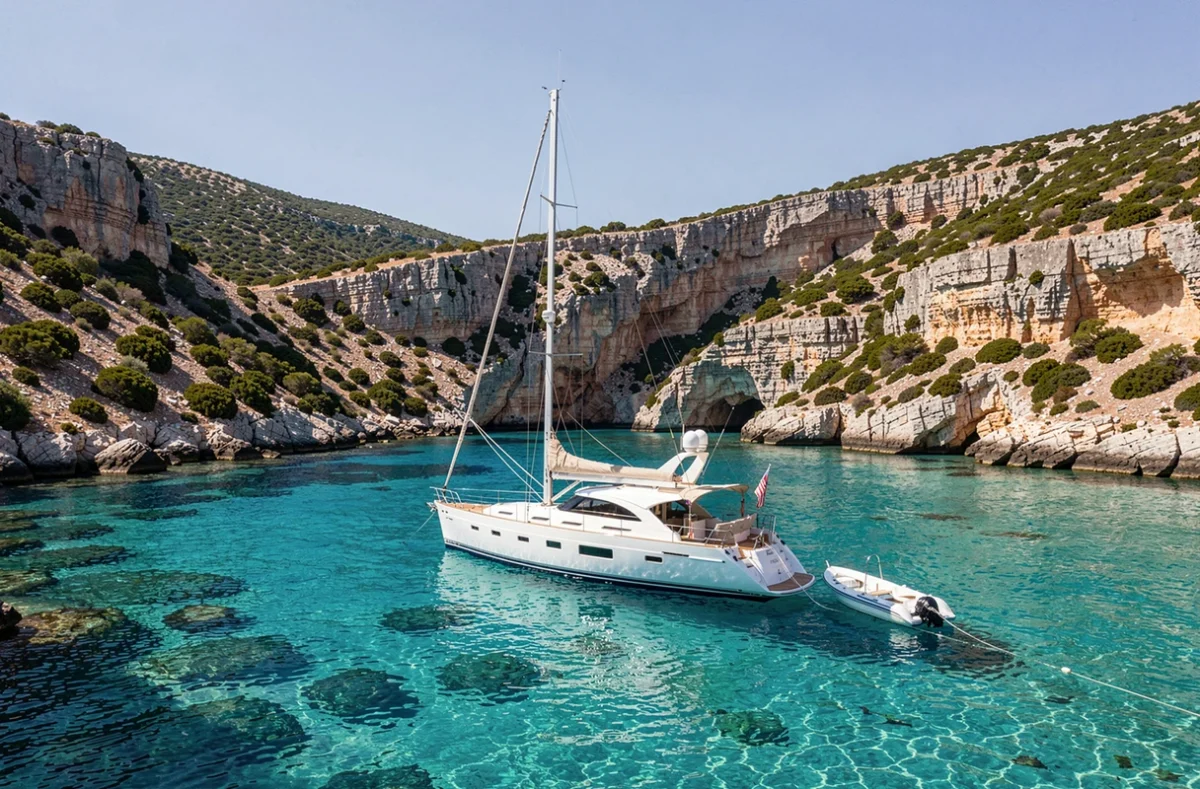 Voilier de luxe ancré dans une crique isolée aux eaux turquoise en Méditerranée