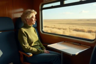 Femme regardant le paysage américain depuis la fenêtre d'un train Amtrak traversant la prairie