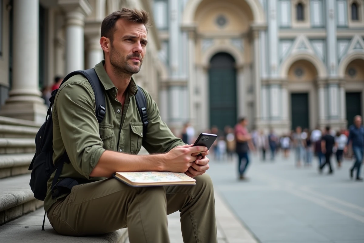 Voyageur consultant une carte numérique assis sur les marches de la cathédrale de Sienne avec la façade du Duomo en arrière-plan