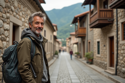 Voyageur en rue pavée à Gjirokastër en Albanie