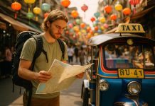 Jeune voyageur avec carte et tuktuk coloré en Asie du Sud-Est
