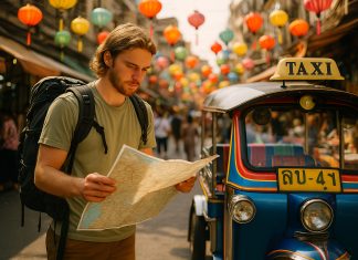 Jeune voyageur avec carte et tuktuk coloré en Asie du Sud-Est