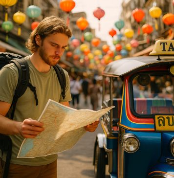 Préparer son périple en Asie du Sud-Est : conseils et astuces pour un itinéraire mémorable Jeune voyageur avec carte et tuktuk coloré en Asie du Sud-Est