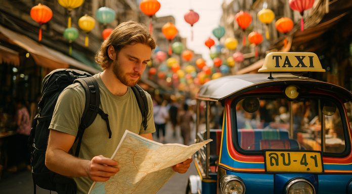 Jeune voyageur avec carte et tuktuk coloré en Asie du Sud-Est