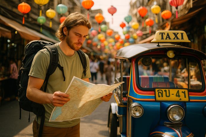 Jeune voyageur avec carte et tuktuk coloré en Asie du Sud-Est
