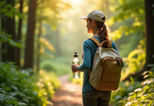 Jeune voyageur avec bouteille réutilisable en forêt
