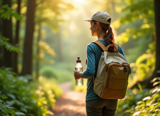 Jeune voyageur avec bouteille réutilisable en forêt