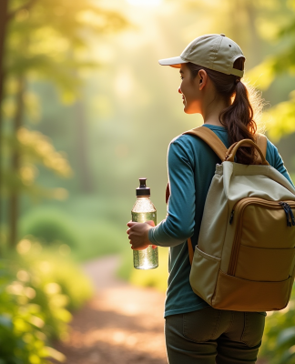 Jeune voyageur avec bouteille réutilisable en forêt