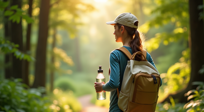 Jeune voyageur avec bouteille réutilisable en forêt
