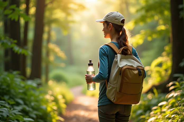 voyageur-nature-ecoresponsable Jeune voyageur avec bouteille réutilisable en forêt