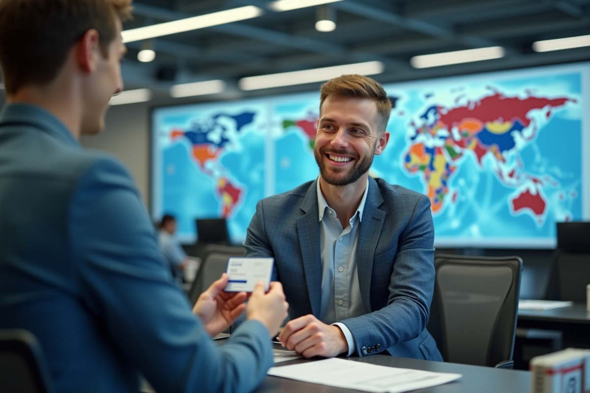 Voyageur souriant montrant sa carte d